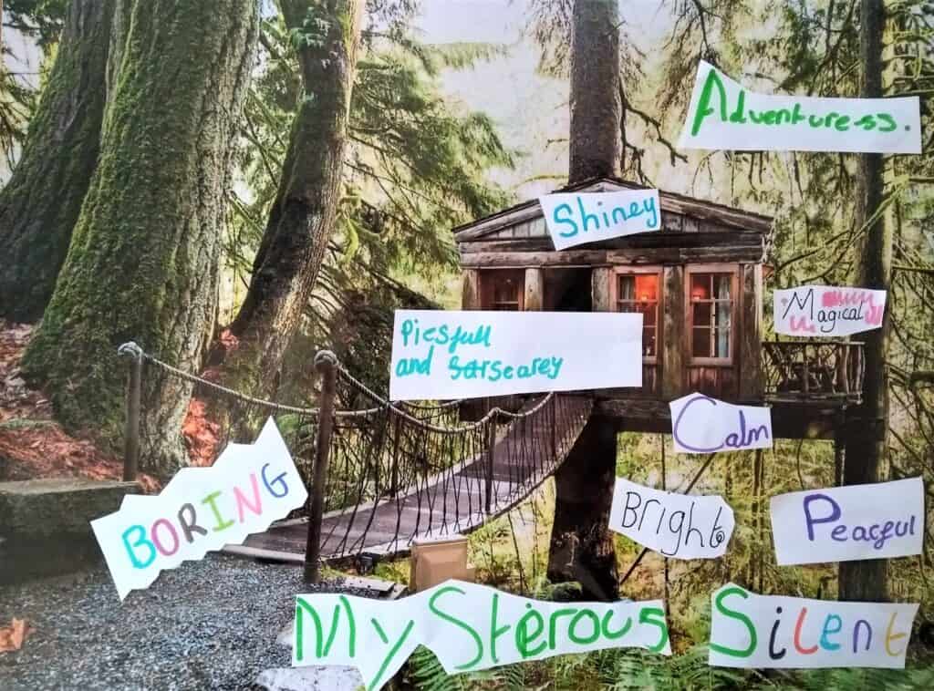 Woodland picture with words glued on top